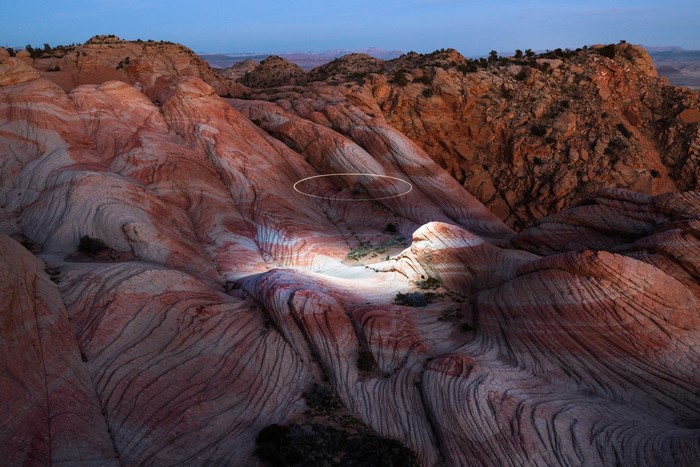 Reuben Wu drone landscape with light circles on rock formations