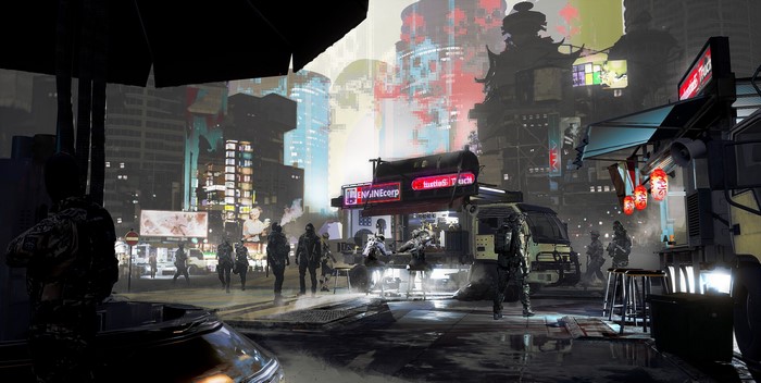 Futuristic city street with people and food stalls