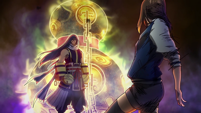 Anime characters in front of a glowing gourd