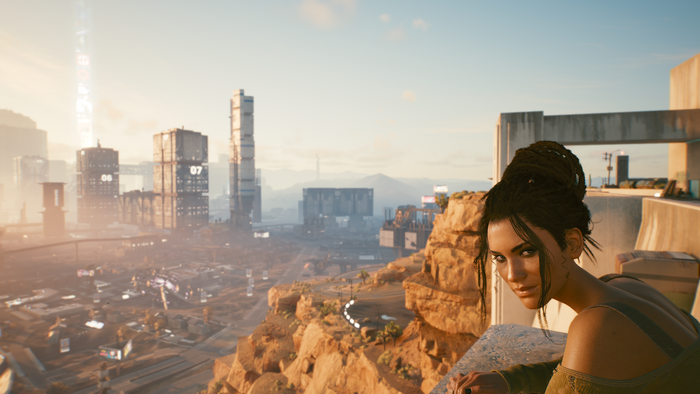 Panam Palmer from Cyberpunk 2077 overlooking a city