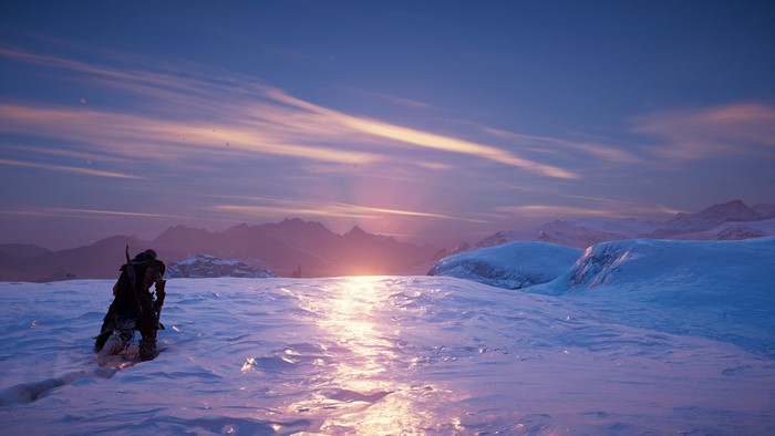 Assassin's Creed Valhalla: Snow-covered landscape at sunset