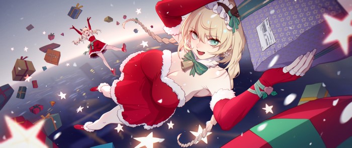Anime Santa girls falling with Christmas presents