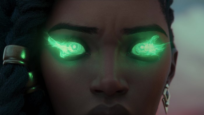 Senna from League of Legends with glowing green eyes