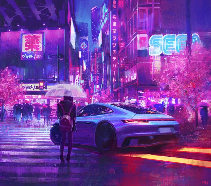 Cyberpunk street with Sega and Atari signs, rain