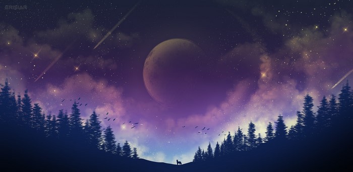 A lone wolf under a starry sky with a large planet