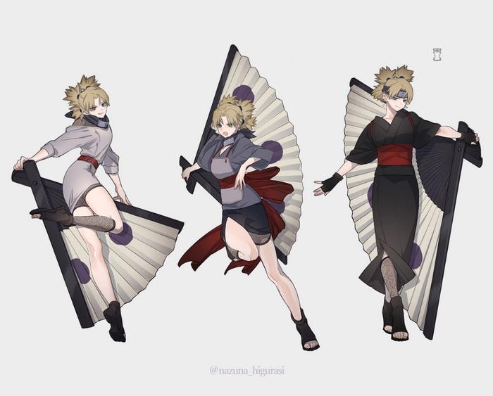 Temari from Naruto in three outfits with fans