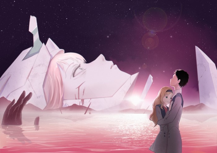 Kokoro and Hiro from Darling in the FranXX with Zero Two's head