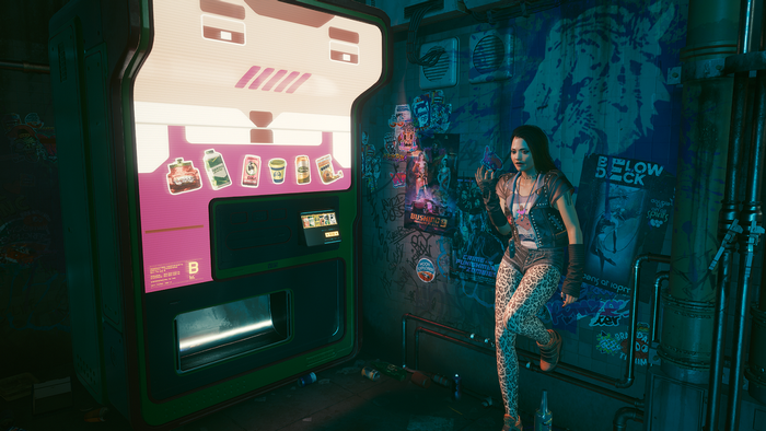 Woman in leopard print outfit by vending machine in Cyberpunk 2077