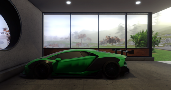 Green Lamborghini Aventador LP750-4 SV in a garage