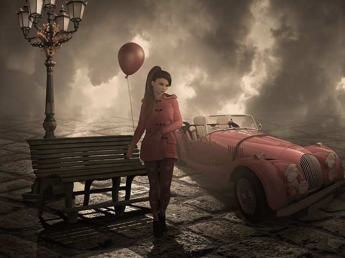 Girl with balloon and vintage car