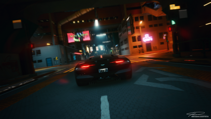 Cyberpunk 2077 car driving through a neon city at night