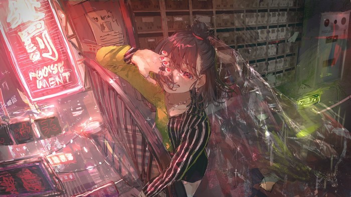 Anime girl with dark hair and yellow and striped top