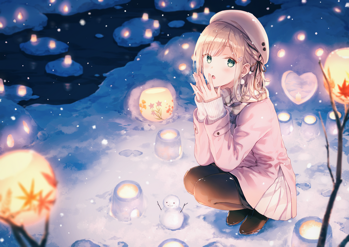 Anime girl in winter with lanterns and snowmen