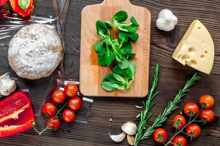 Ingredients for a meal on a wooden table