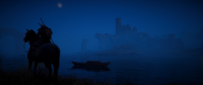 Assassin's Creed Valhalla: Man on horse by river at night