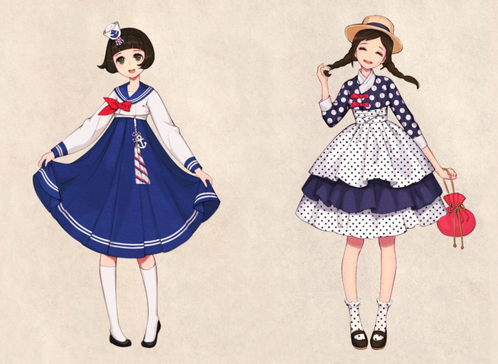 Two anime girls in sailor-inspired dresses