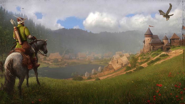 Horseman overlooking a medieval village and castle in Kingdom Come: Deliverance artwork