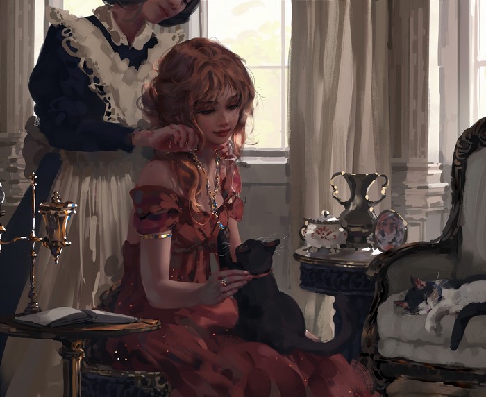 Artwork of women and cats in a room