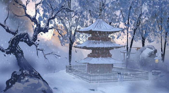 Anime style winter scene with a pagoda in snow