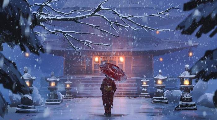 Winter Scene with Kimono and Umbrella
