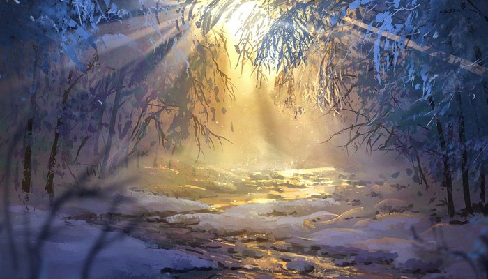 Winter forest with sunbeams