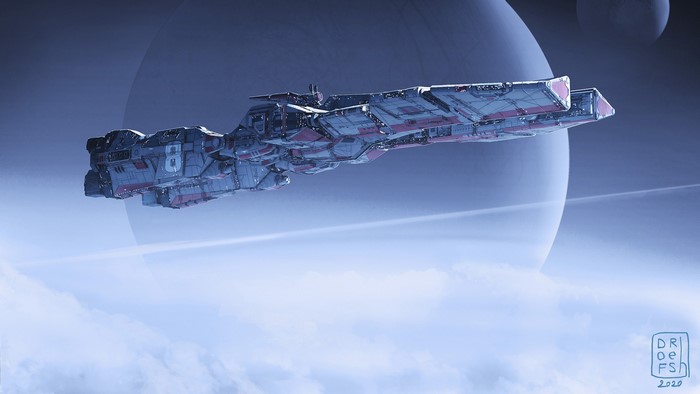Spaceship flying near a ringed planet