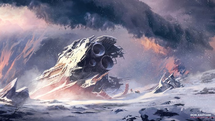 Wrecked spaceship in a snowy, mountainous landscape