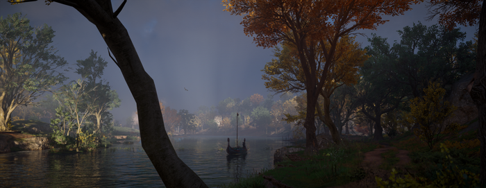Assassin's Creed Valhalla landscape with Viking longship on water