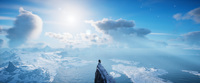 Assassin's Creed Valhalla: Snowy mountain landscape with a lone figure