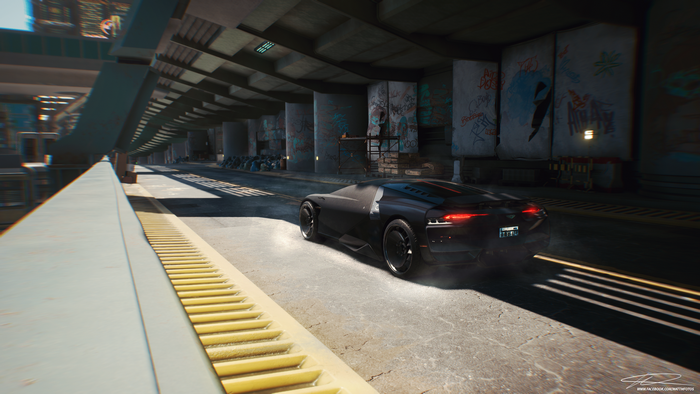 Cyberpunk 2077 car driving under a bridge