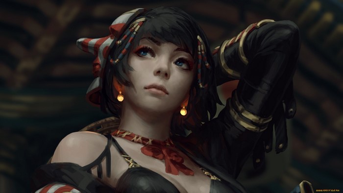 Artwork of a woman with dark hair and blue eyes