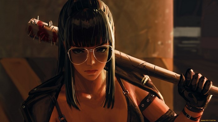 Woman with baseball bat and sunglasses