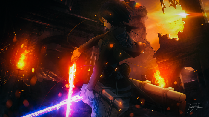 Mikasa Ackerman from Shingeki no Kyojin with glowing swords