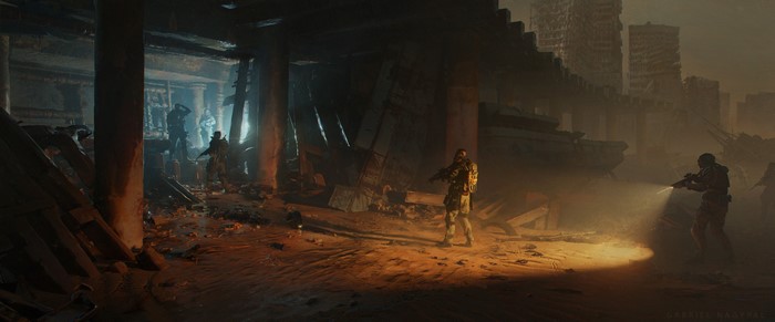 Apocalyptic science fiction artwork with soldiers in ruins