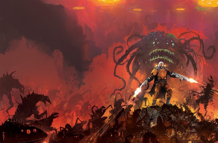 Man fighting alien creatures with a giant monster in background