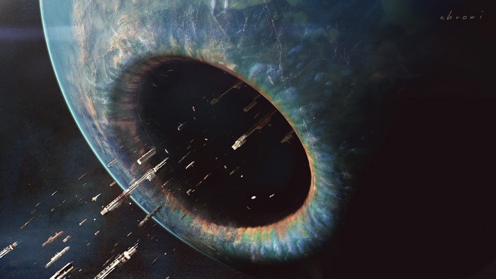 Spaceships entering a wormhole resembling an eyeball