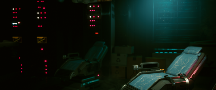 Cyberpunk 2077 ambient scene with medical chairs