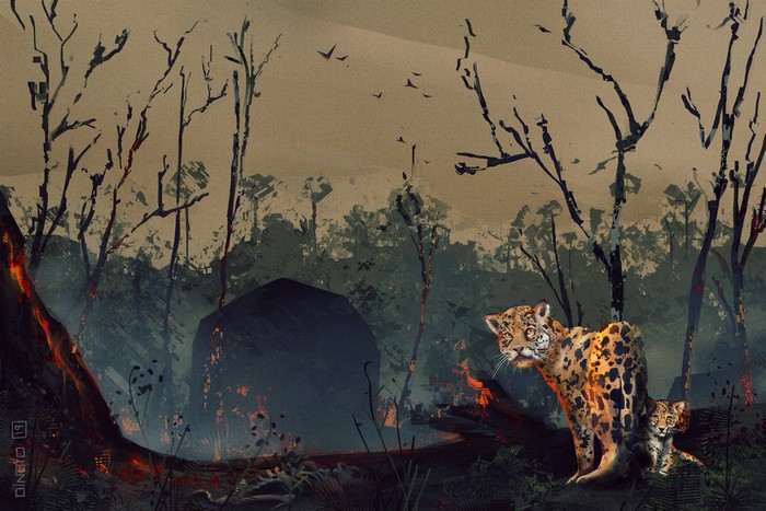 4K artwork of jaguars in a burnt forest by Rui DIAS