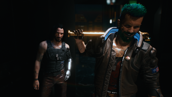 Johnny Silverhand and character from Cyberpunk 2077