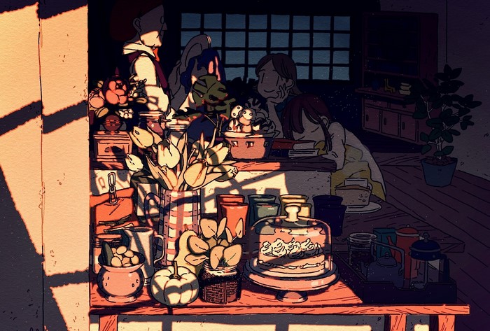 Anime characters in a cafe with flowers and cake