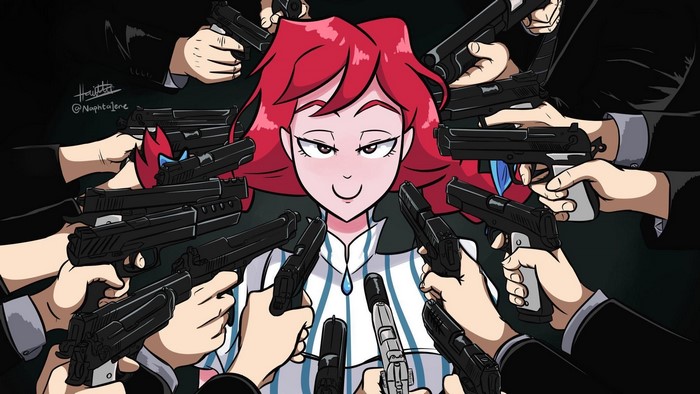 Redhead surrounded by guns, parody of John Wick