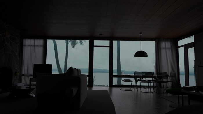 Interior of a modern house with a lake view