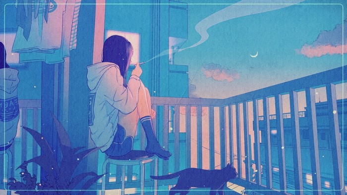 Anime girl smoking on a balcony with a cat