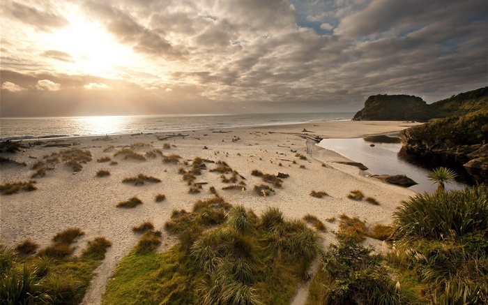Sandy beach with dunes and a river meeting the ocean