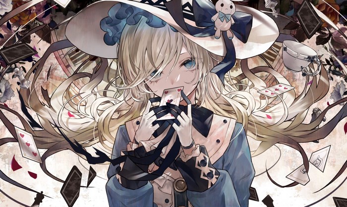 Anime girl with blonde hair and blue eyes holding cards