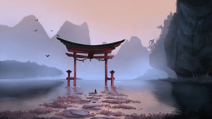 Torii gate in a misty lake with a cat