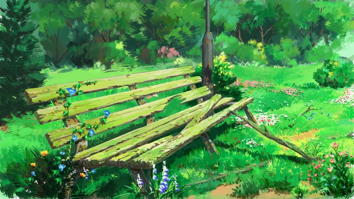 Anime park bench with flowers and trees