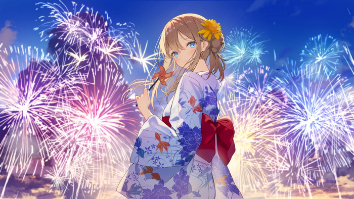Anime girl in yukata with fireworks