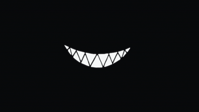 A wide, sharp smile on a black background