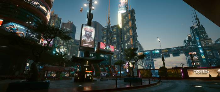 Cyberpunk 2077 cityscape with advertisements